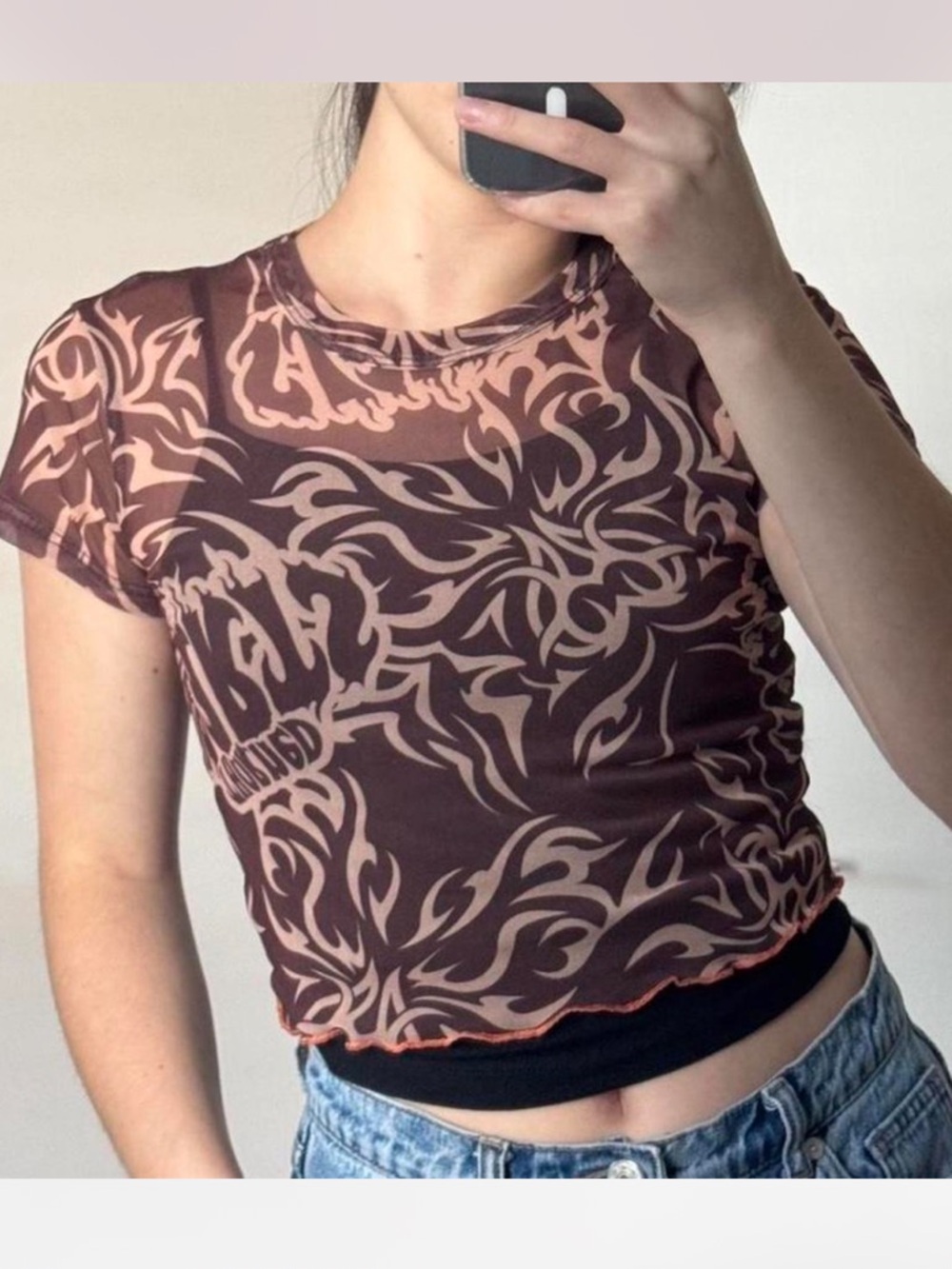 Bershka Brown and Cream Tribal Mesh Crop Top